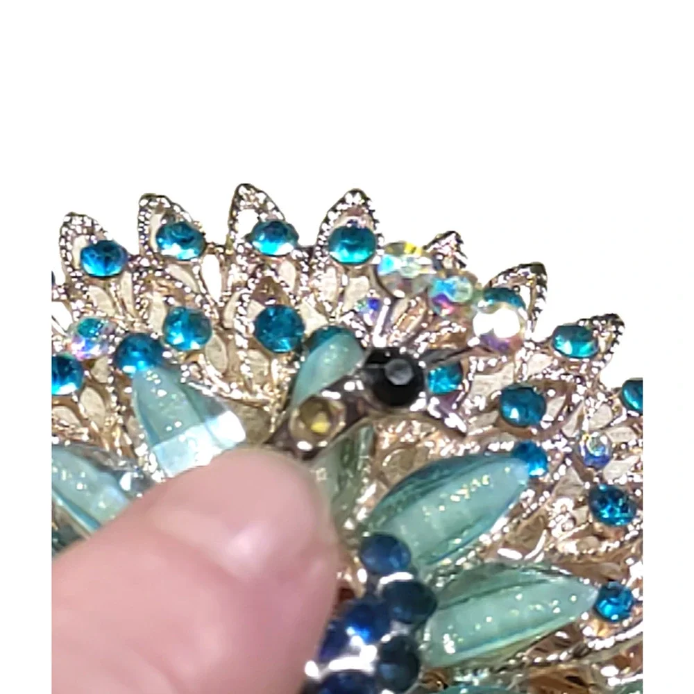 Large Peacock Hair Barrette Tension Clip Gold Tone Blue Rhinestone Flaw